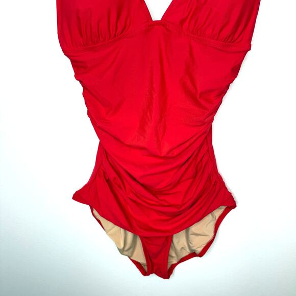 J. Crew Ruched V Neck One Piece Swimsuit In Cerise Red Size 8 Long Torso - Picture 4 of 8